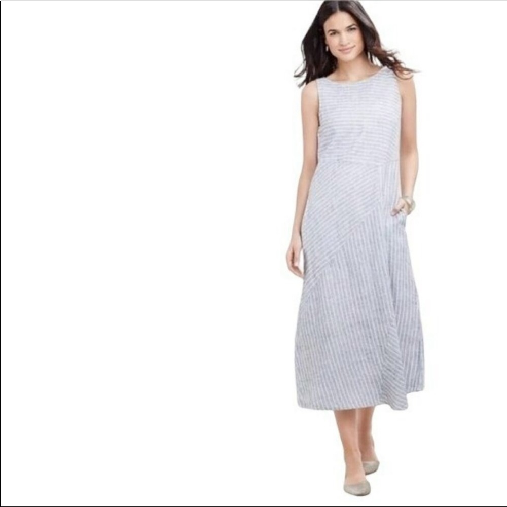 J Jill Gray White Striped Linen Sleeveless Pockets Midi Dress Size large
